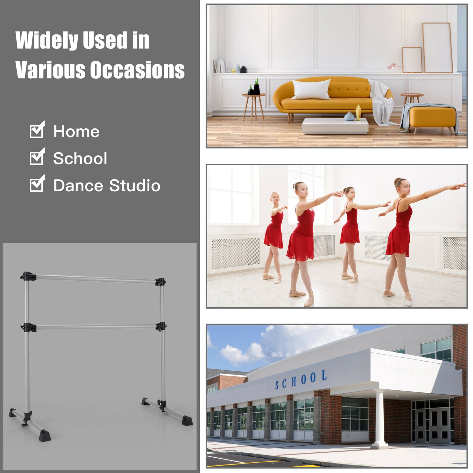Gymax Portable 4FT Double Freestanding Ballet Barre Dancing Stretching Silver