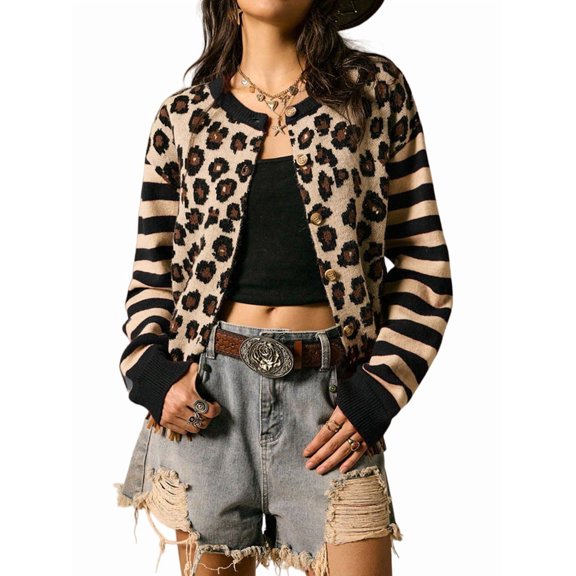 Womens Leopard Print Striped Patchwork Button Front Cropped Knit Cardigan Black L