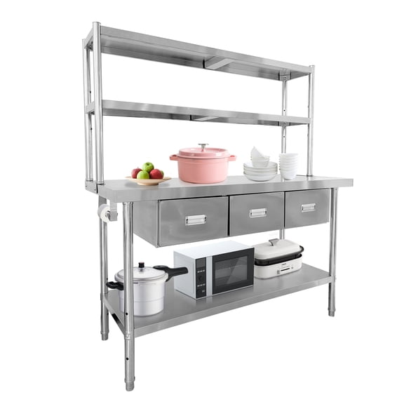 Stainless Steel Table with Drawers and 2-Tier Overshelves,71" X 24" Commercial Work Tables with Undershelf & Paper Towel Holder, Commercial Kitchen Prep Table Workbench for Home Restaurant