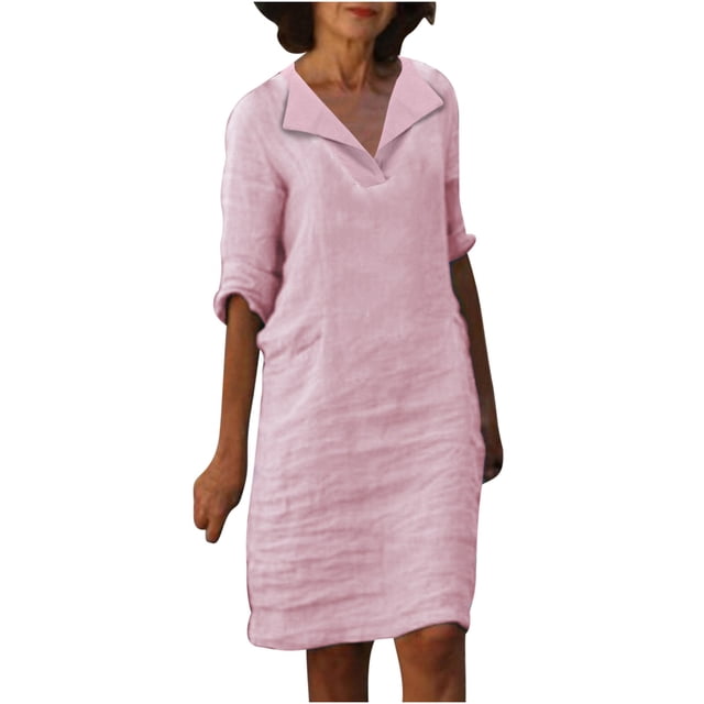 KIHOUT Robes d'Été pour Femmes, Mode pour Dames Robe à Col en V à Manches Mi-Longues Unie à Enfiler Rose TG