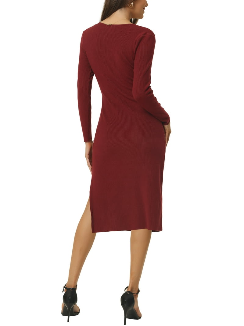 red ruched sweater dress Unique Bargains Women's Ruched Drawstring Side Slit Knit Bodycon Sweater  Dress M Wine Red