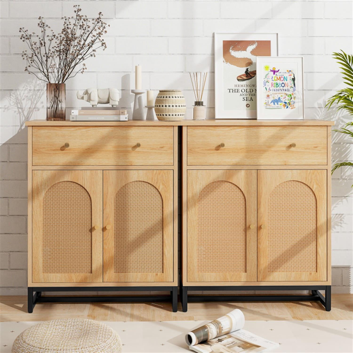 Demi Bonn Accent Floor Storage Cabinet with Rattan Doors, Bathroom Cabinet with Large Drawer, Freestanding Storage Cabinet Organizer, Beige