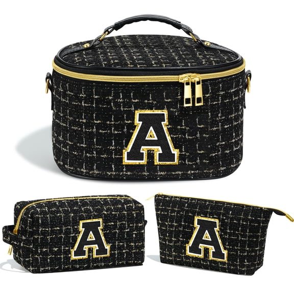 3PCS Monogram Personalized Black Initial Makeup Bags Pouch for Women, Cosmetic Make Up Bag Travel Toiletry Bag for Her