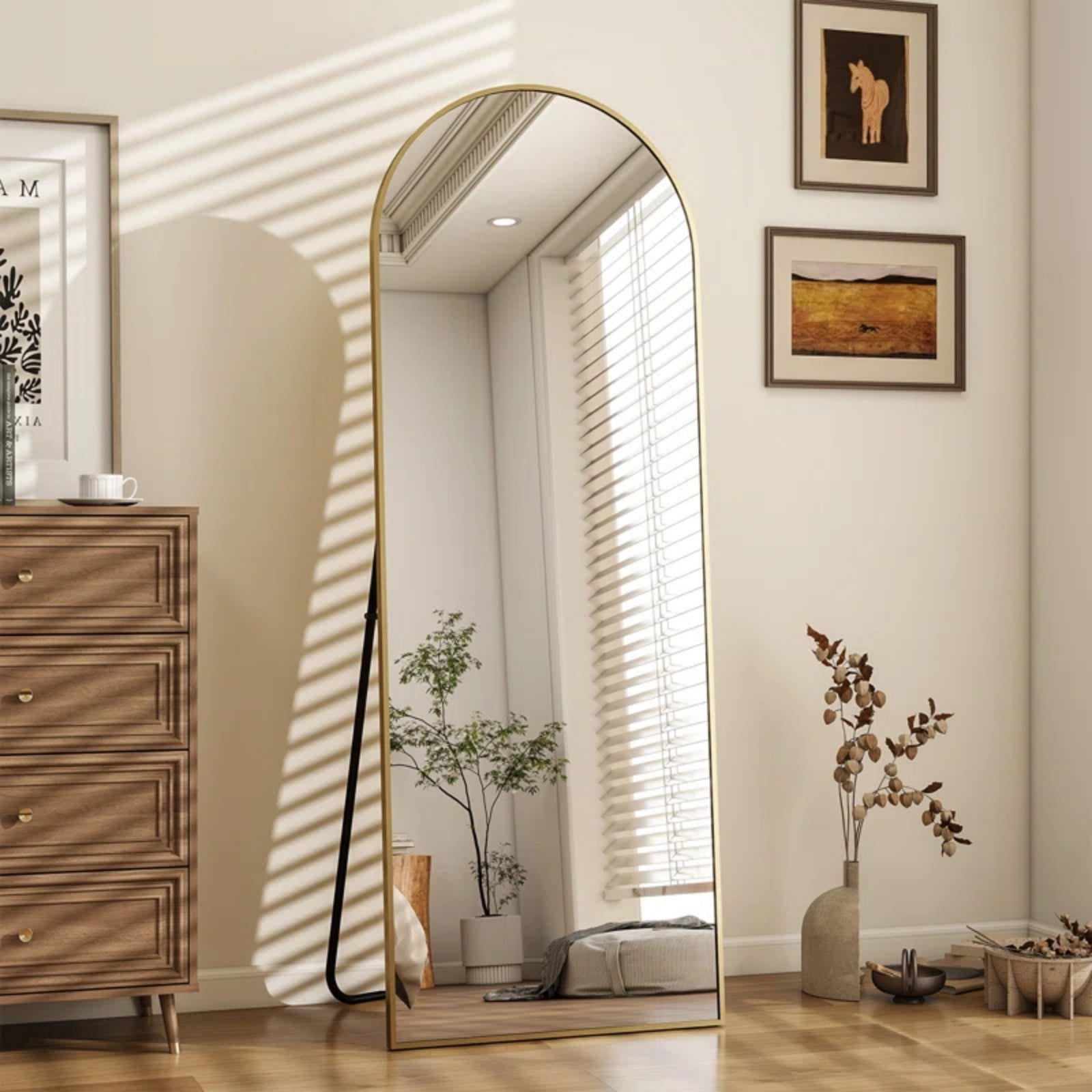 BEAUTYPEAK Arched Full Length Floor Mirror 59.1 x16 Full Body Standing Mirror Gold