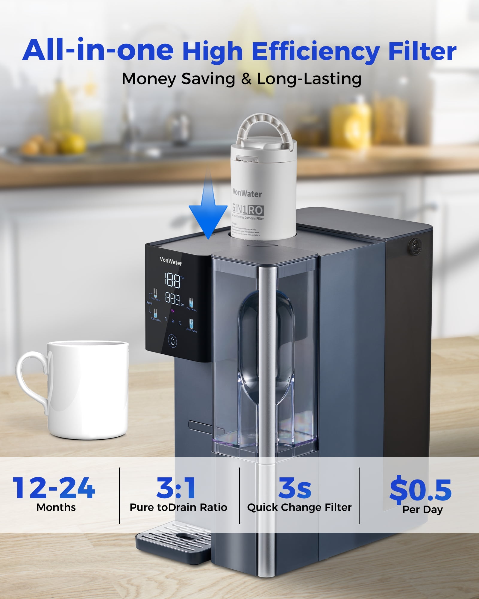VonWater CT910 Countertop Reverse Osmosis Water Filter System, 7-Stage RO Water Filtration System, 528 Gallons Water Purifier, NSF/ANSI 372, Reduce TDS PFAS, No Installation