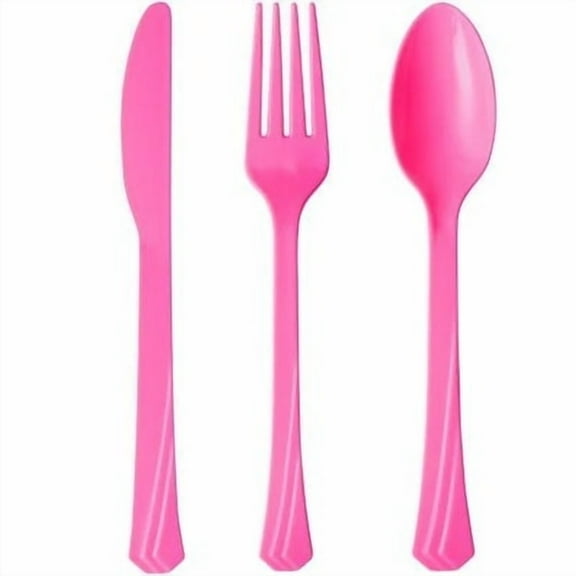 EcoQuality Disposable Plastic Hot Pink Cutlery Combo Set - Great for Party, Soups, Kitchen, Office, Togo, Lunch, Cafeterias, Restaurants (24)