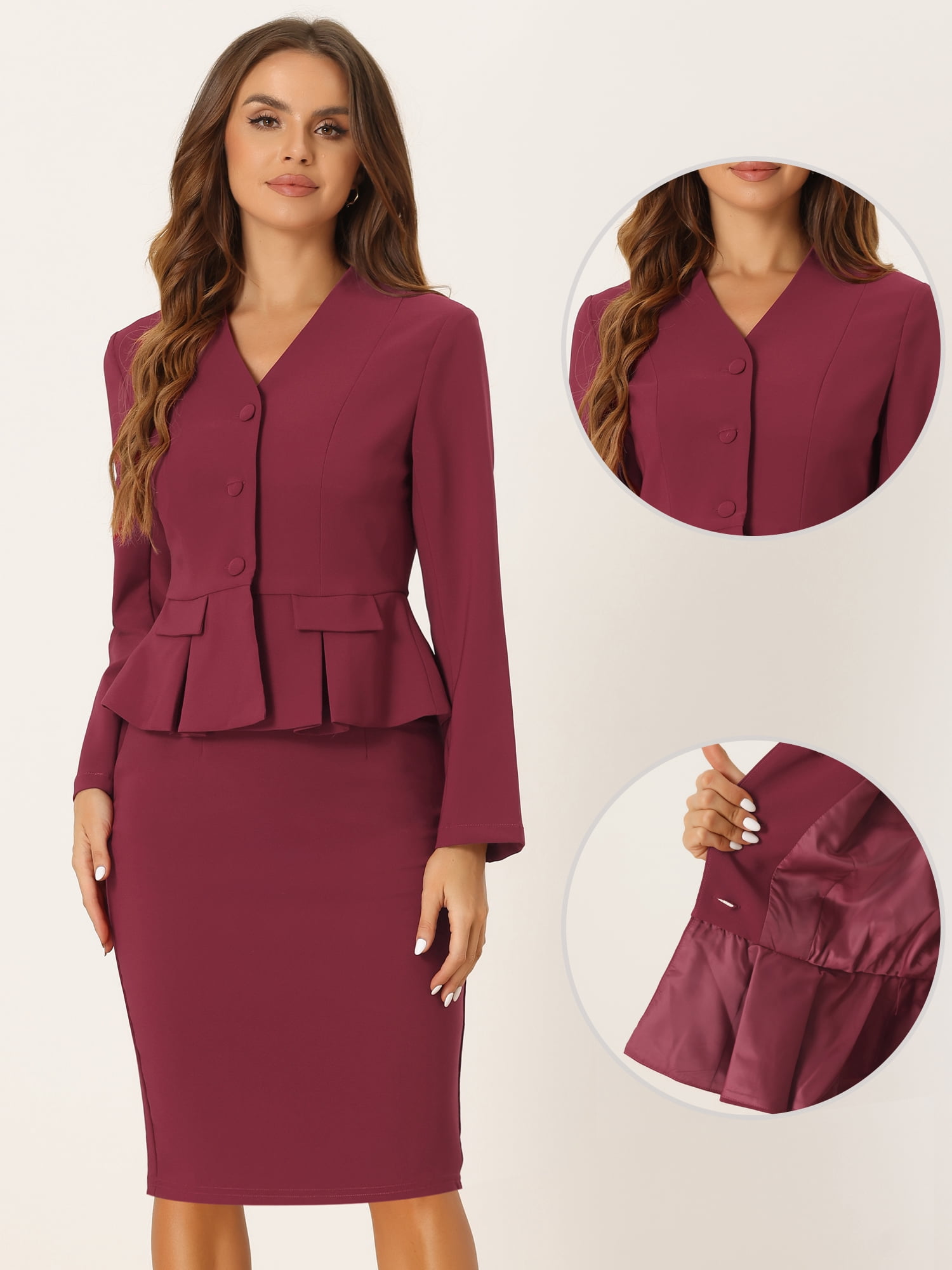 DARING DIVA Women's Collarless Peplum Blazer Sheath Skirts 2 Pcs Suit Set XL Dark Red