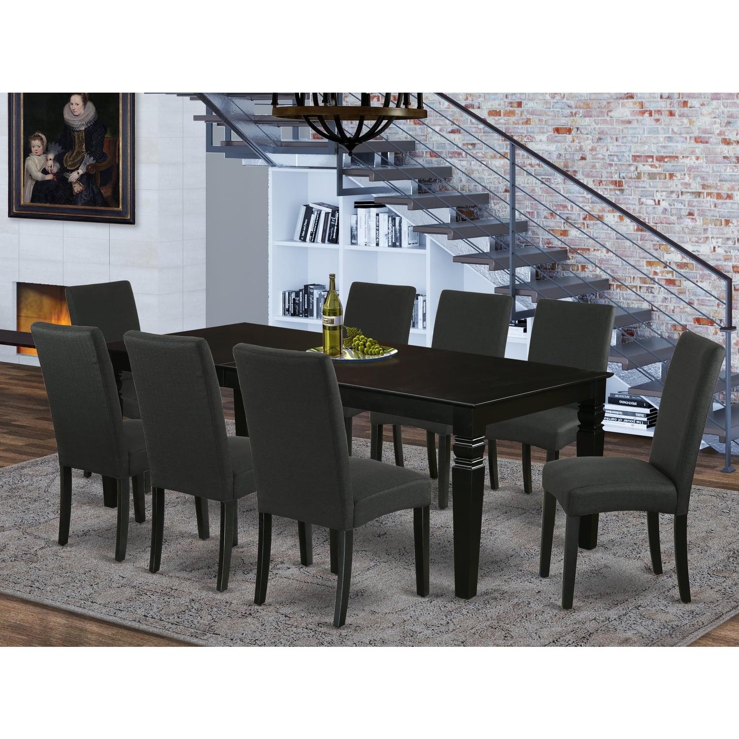 LGDR9-BLK-24 9Pc Rectangle 66/84 Inch Kitchen Table With 18 In Leaf And Eight Parson Chair With Black Finish Leg And Linen Fabric- Black Color