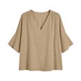 thumbnail image 5 of ClodeEU Women's Linen Blend V Neck Loose Fit Blouse with Shoulder Pleats ,Solid Color Loose Casual Top Khaki,Womens Plus L, 5 of 8