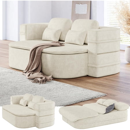 75" 2-in-1 Foldable Sofa Bed, Chenille Convertible Boneless Sofa Couch, High-Density Memory Foam Sleeper with Pillows & Blanket, Couch for Living Room Bedroom Office Lounge Studio, Beige