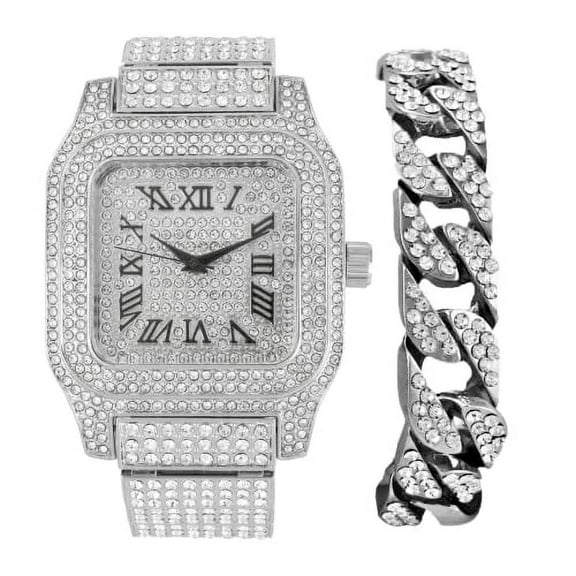Charles Raymond Bling-ed Out Biggie Square Hip Hop Iced Out Watch You Will Hypnotize in a Crystal Watch - 0513Sq (Silver Black R# Cuban)