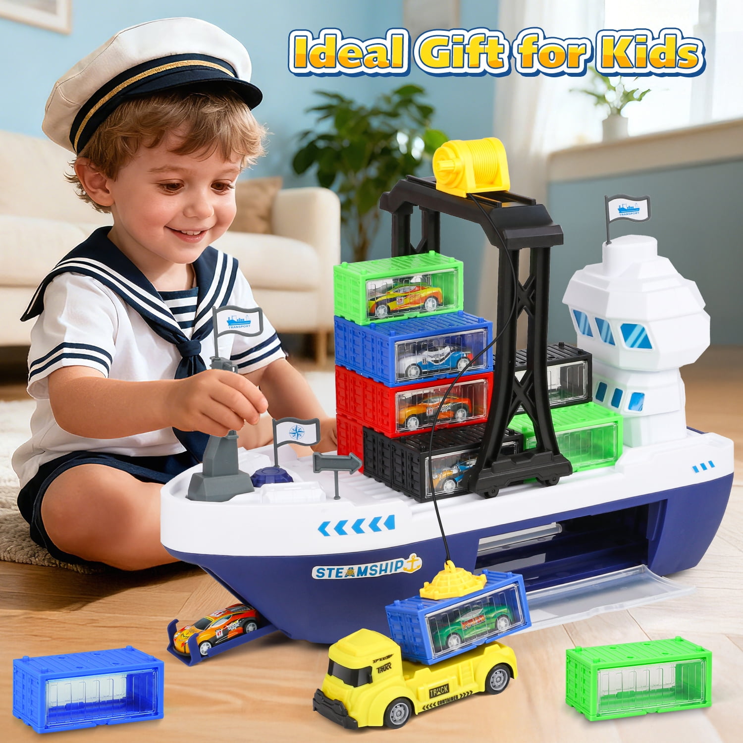 UQN Cargo Ship Toy & Gantry Crane for kids, Toy Boat and Crane Playset with 6 Race Cars and 12 Containers, Transport Cruise Ship, Cargo Boat Toys Birthday Gift for 3 4 5 6 7 8 Year Old Boys Kids