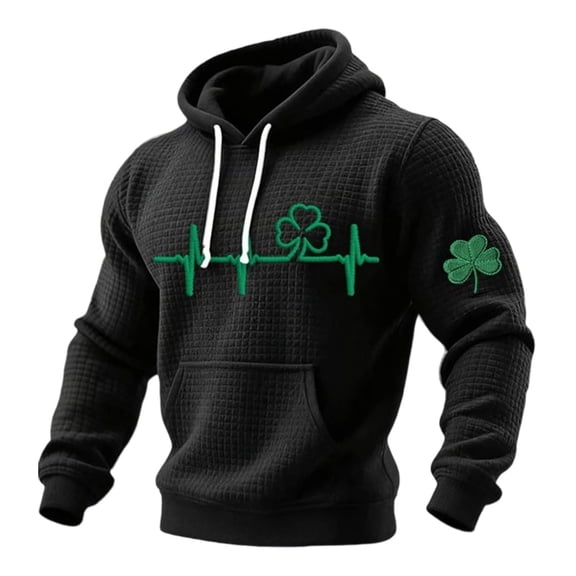 Men's St. Patrick's Day Hoodie Shamrock Heartbeat Print Pullover Long Sleeve Sweatshirt