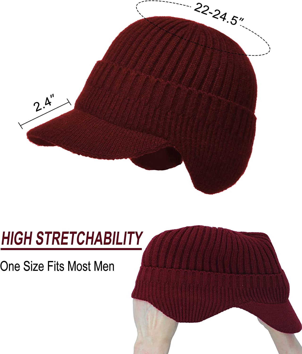 Men's Winter Visor Hat Beanie Hat with Earflaps Knitted Baseball