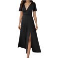 thumbnail image 3 of Kmdttou Women's Short Sleeve Loose Plain Dresses Fashion Women's Summer Temperament Solid Short Sleeve V-Neck Long Dress, 3 of 3