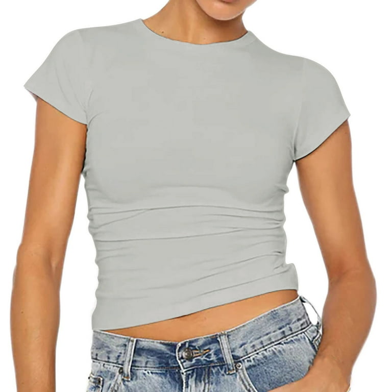 B91xZ Womens Tops Women Tops T-Shirt Workout Basic Fit Round Crop Grey,Size Dupes Slim Shirt Short Y2K Sleeve Neck Skim Solid M