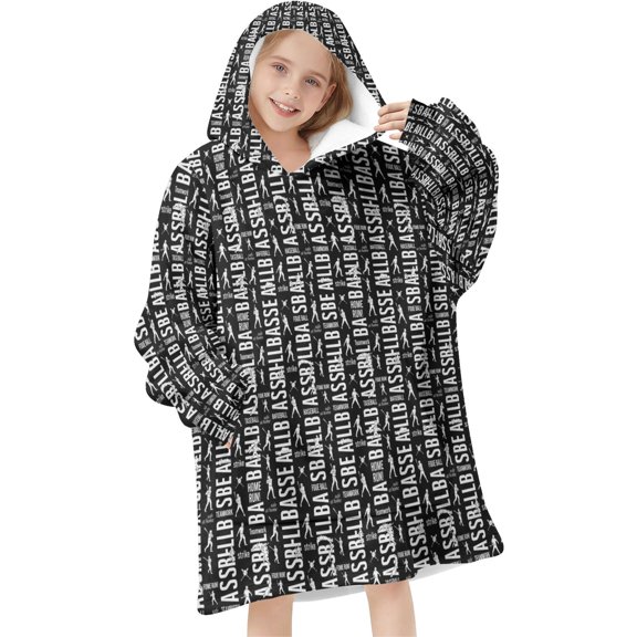 Baseballs Quotes Black Pattern Flannel Blanket Hoodies for Teens ,Teens Oversize Sherpa Wearable Hooded Blanket Sweatshirt with Super Pockets