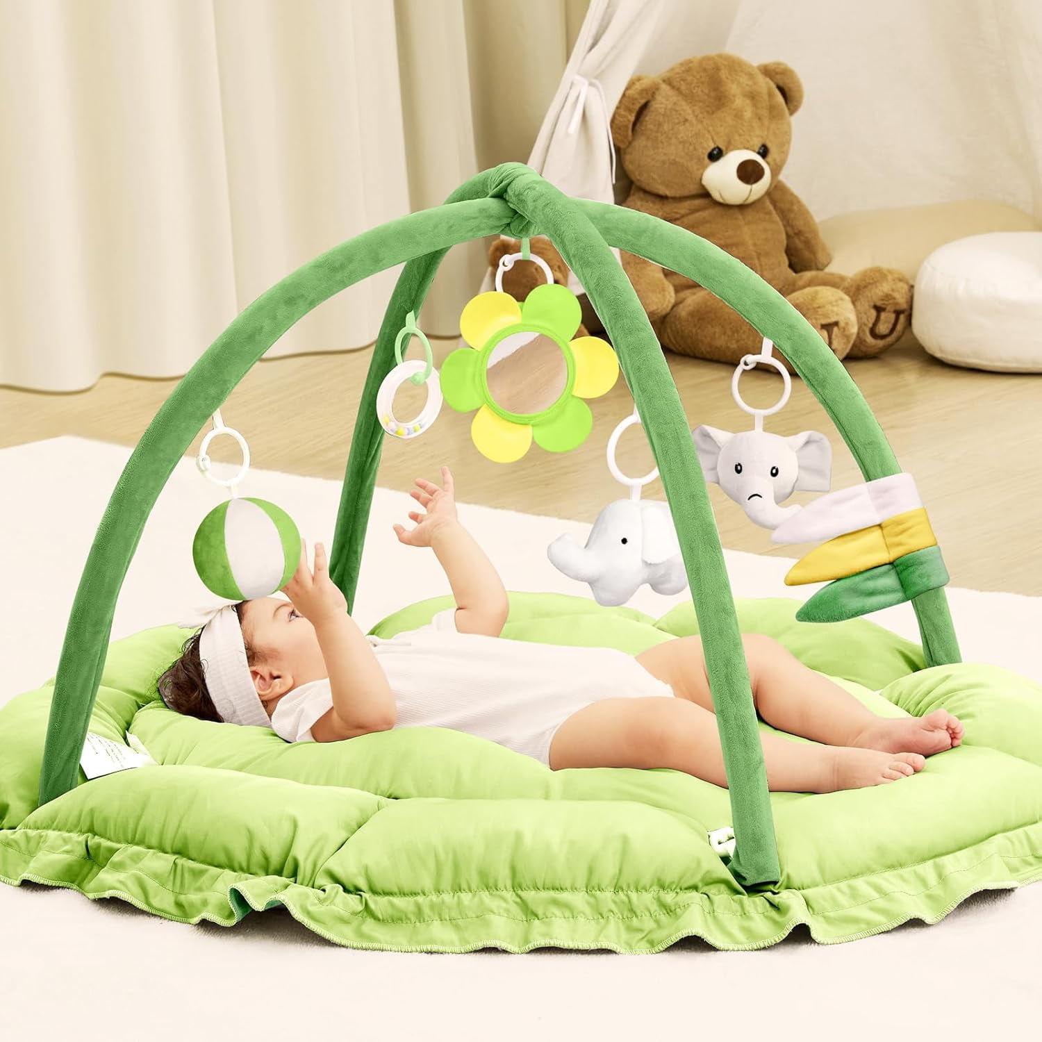5 in 1 Baby Play Gym Mat, Reversible Tummy Time Mat with 5 Sensory Toys for Stage-Based Developmental, Thick & Large Baby Activity Center from Newborn to Toddler (Green)
