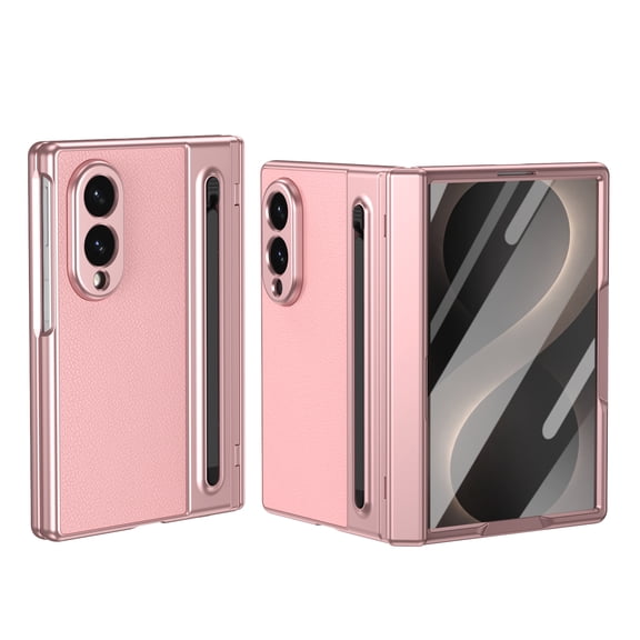 for Samsung Galaxy Z Fold 8 Case with Hinge Protection, PU Leather PC Protective Cover, Includes Free Stylus & Stylus Holder & Tempered Glass Screen Protector, Slim Business Style, Pink