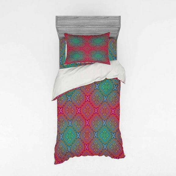 Ambesonne Psychedelic Bedding Set 3 Pcs, Boho Ombre Floral, Twin XL, Pink Teal