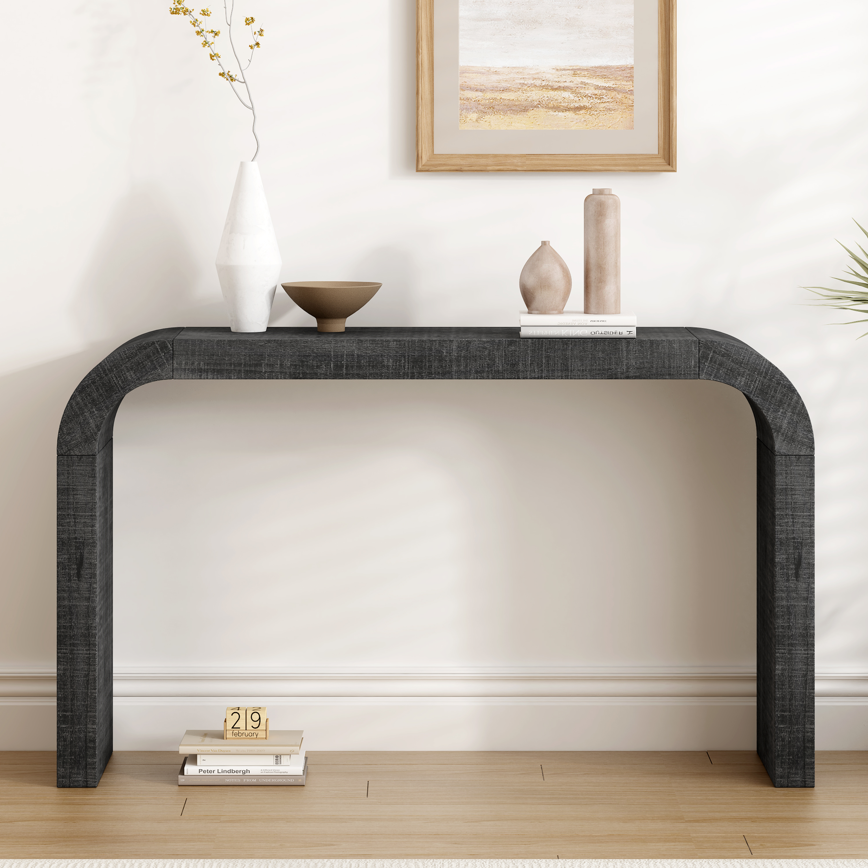 EUROCO Modern Console Table,52" Wood Entryway Table with Curved Edge & Natural Texture,Sofa Table for Living Room,Black