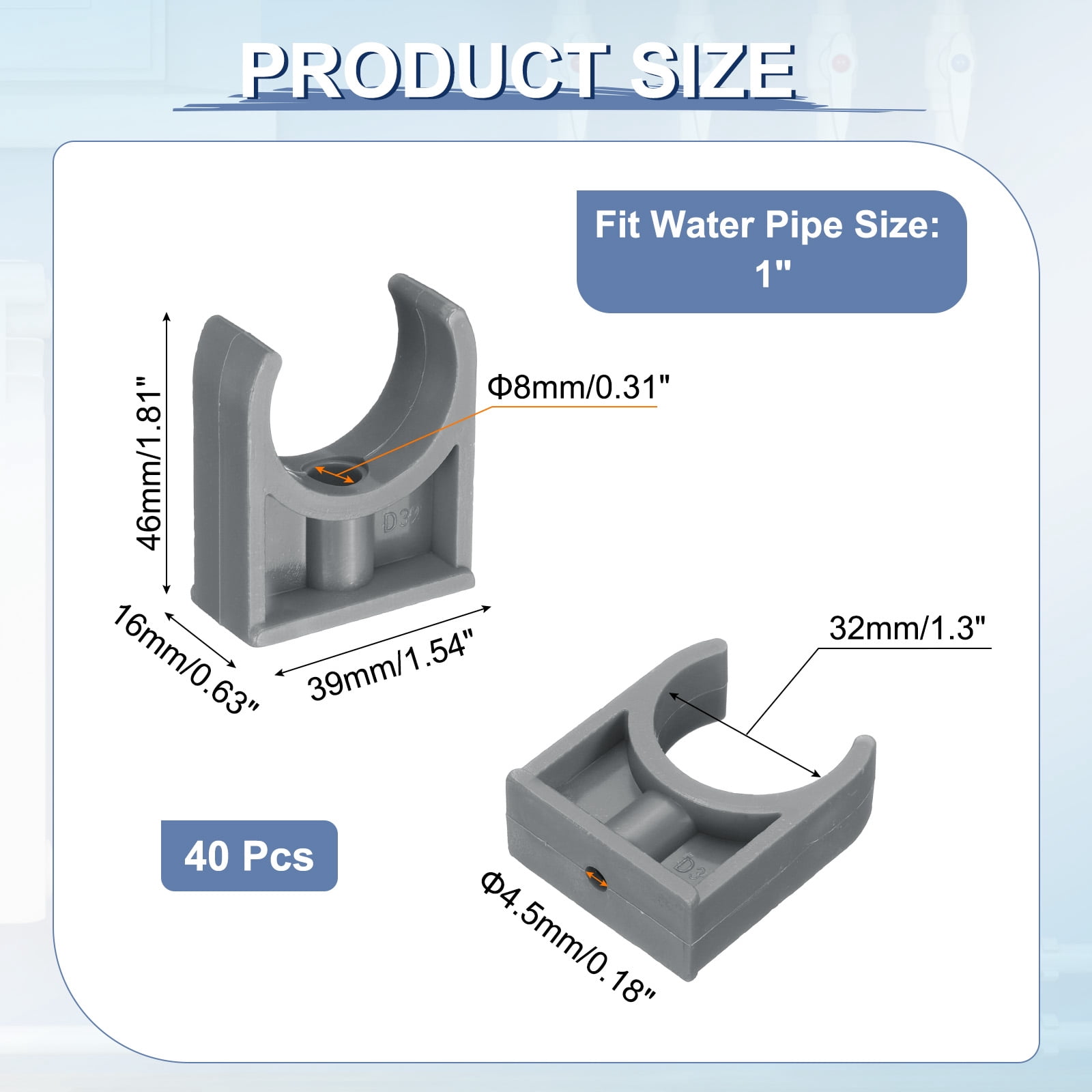 40Pcs Water Pipe Clamps Clips, U-Shaped Water Pipe Buckles Pipe Tubing Clamps for 1.3" OD TV Trays Pipe Tubing Hose Hanger Support Tubing, Grey