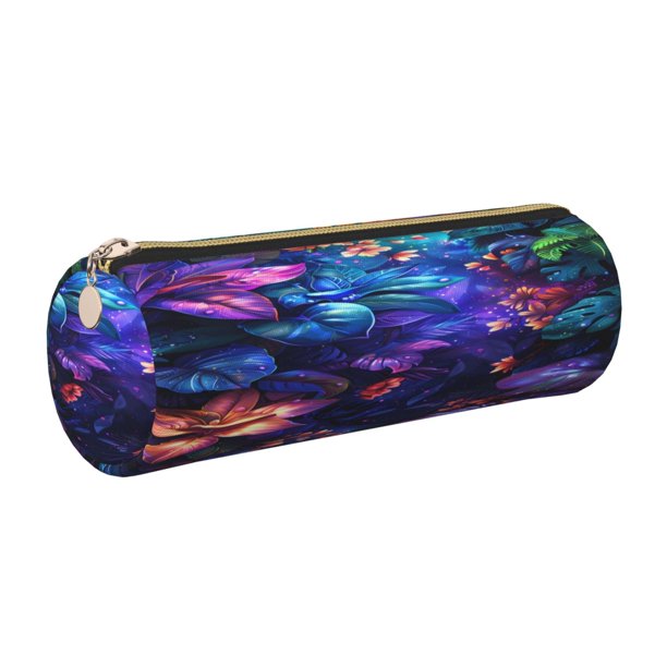 Easygdp Magic Colorful Forest Leaves para Estuche de Lápices Cilíndrico de Cuero con Cremallera, Organizador de Lápices de Cuero para Escuela, Oficina y Viajes