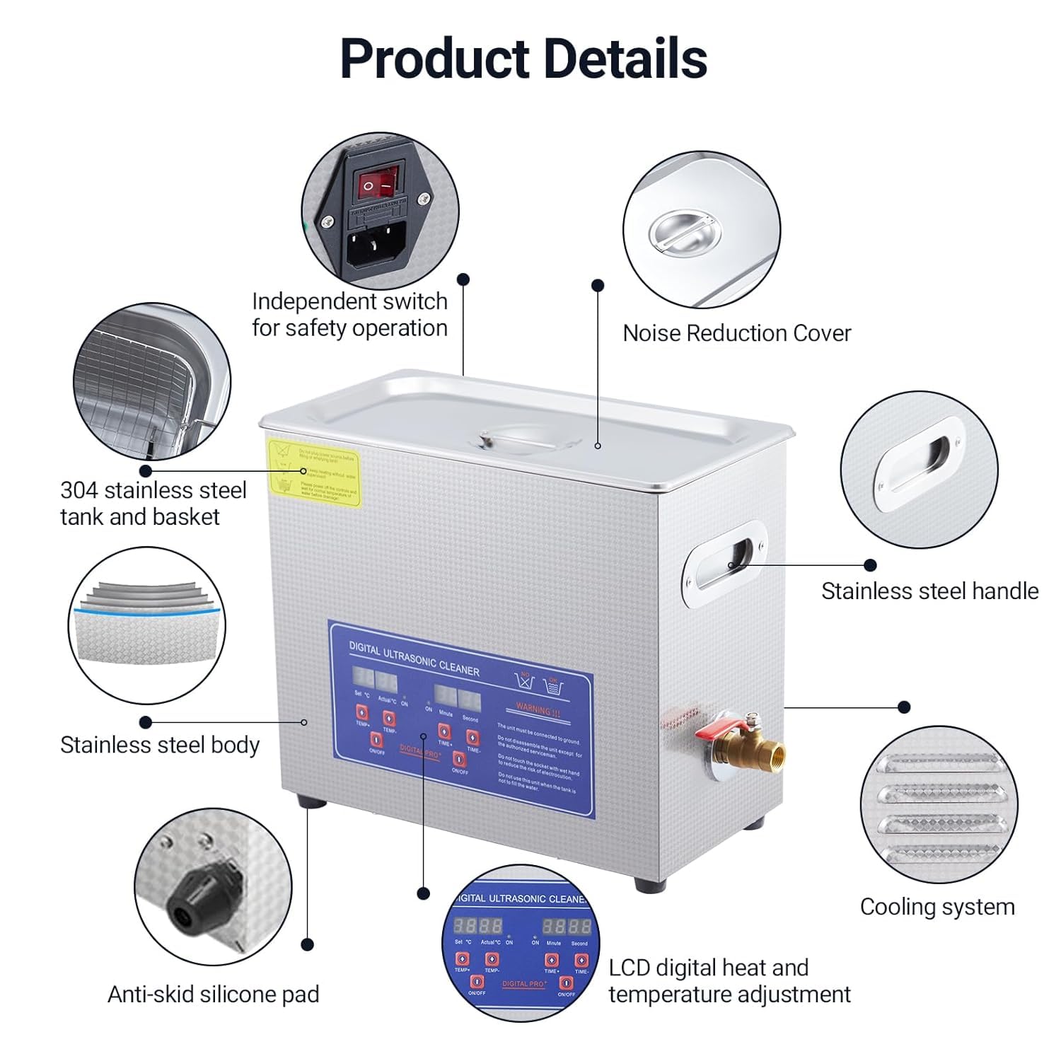 Garvee 6.5L/1.72Gal Industrial Ultrasonic Cleaner 180W 40kHz - Commercial Heated Cleaning Machine with Digital Timer, for Watches, Eyeglasses, Jewelry, Dental Tools & Electronics