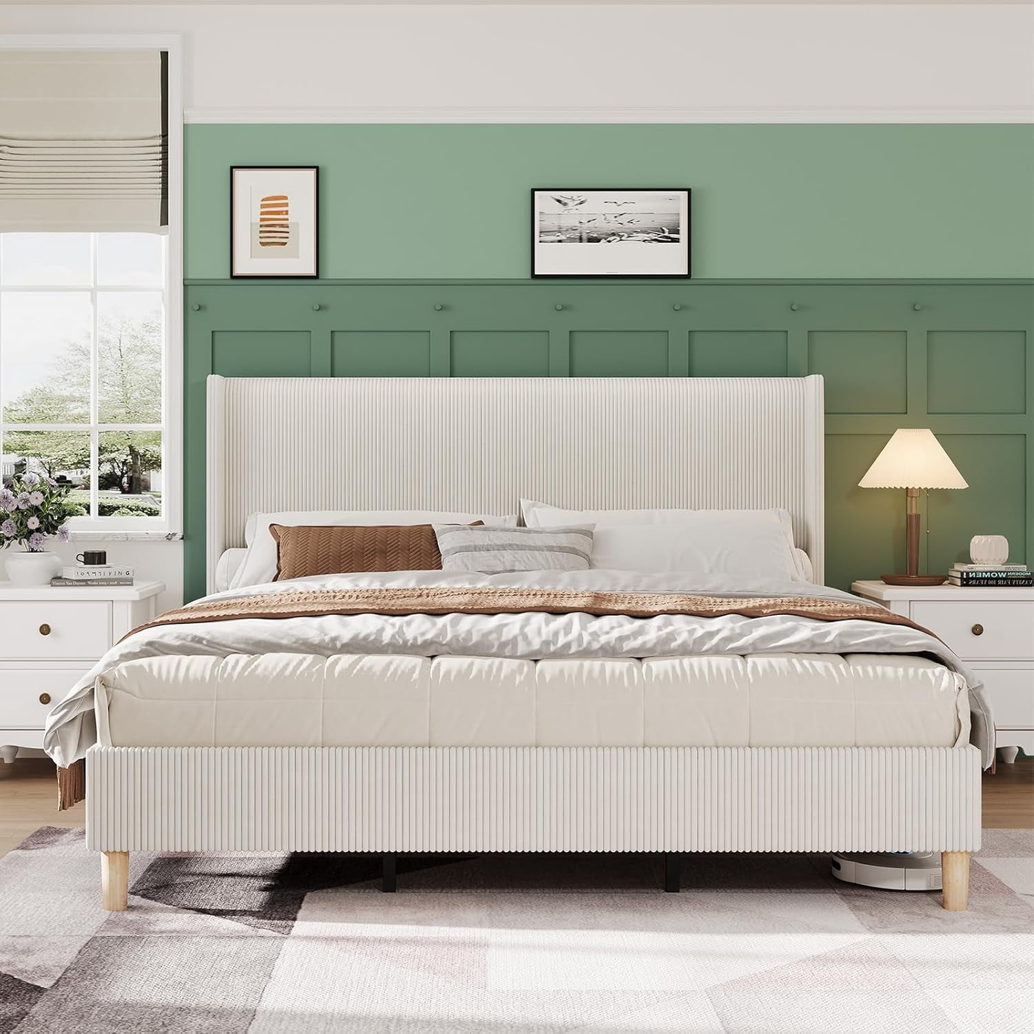 Historyli King Size Bed Frame,Corduroy Upholstered King Bed Frame with Wingback Headboard,No Box Spring Needed,Solid Wooden Slats,Noise Free,White/Wooden Feet
