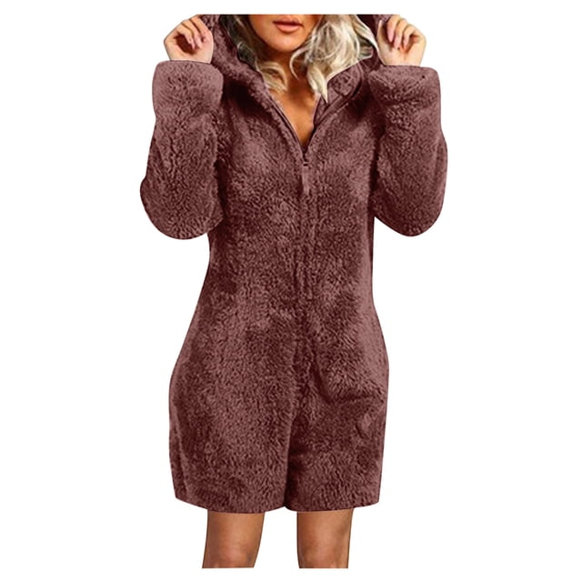 Pyjama Chaud pour Femmes Hiver Combinaison Courte à Manches Longues avec Capuche Pyjama Décontracté d'Hiver Combinaison de Nuit Pyjama pour Femmes Combinaison à Manches Longues