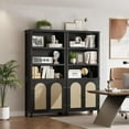 thumbnail image 6 of Farmhouse Bookshelves with Rattan Doors, 70" Tall Cutlery Shelves with Three Tiers of Open Storage, Floor Standing Display Shelves, Bookcases for Home, Office, Living Room, Black, 6 of 7