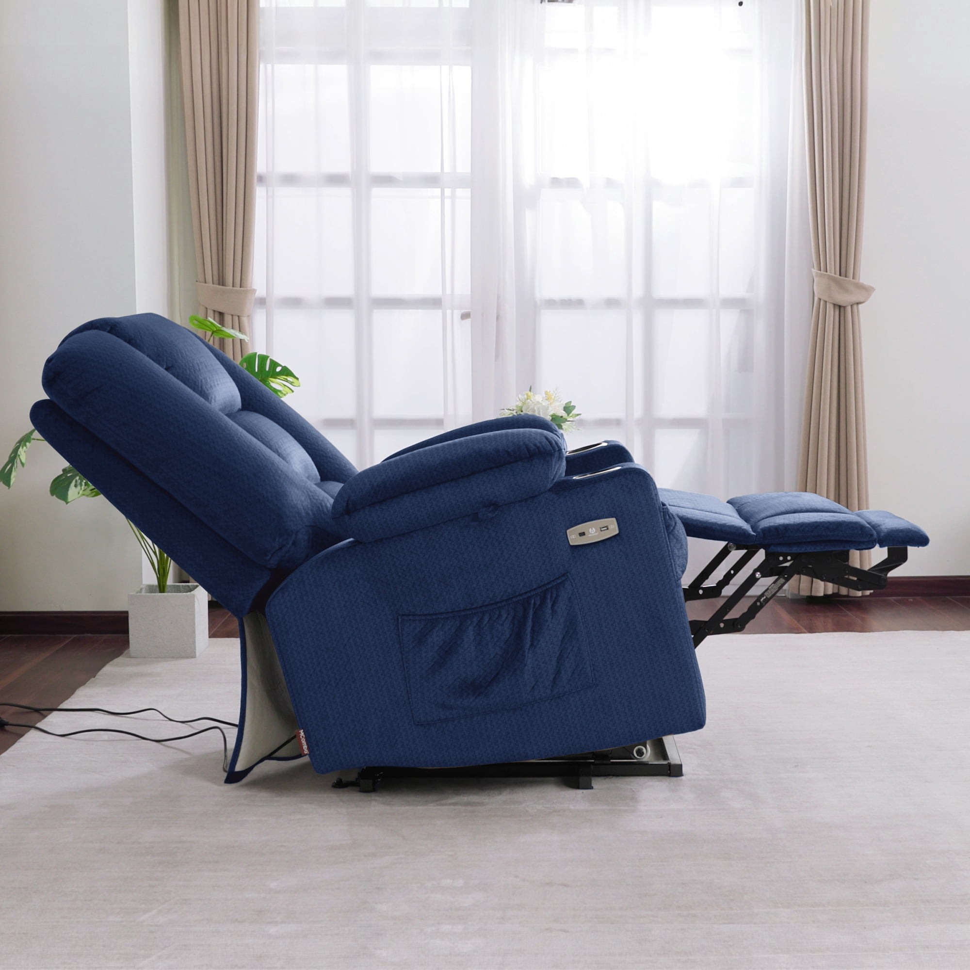 MCombo Large Power Lift Recliner Chair Sofa with Massage and Heat for Elderly People, Extended Footrest, Hand Remote Control, USB Ports, Fabric 7549 (Large, Navy Blue)
