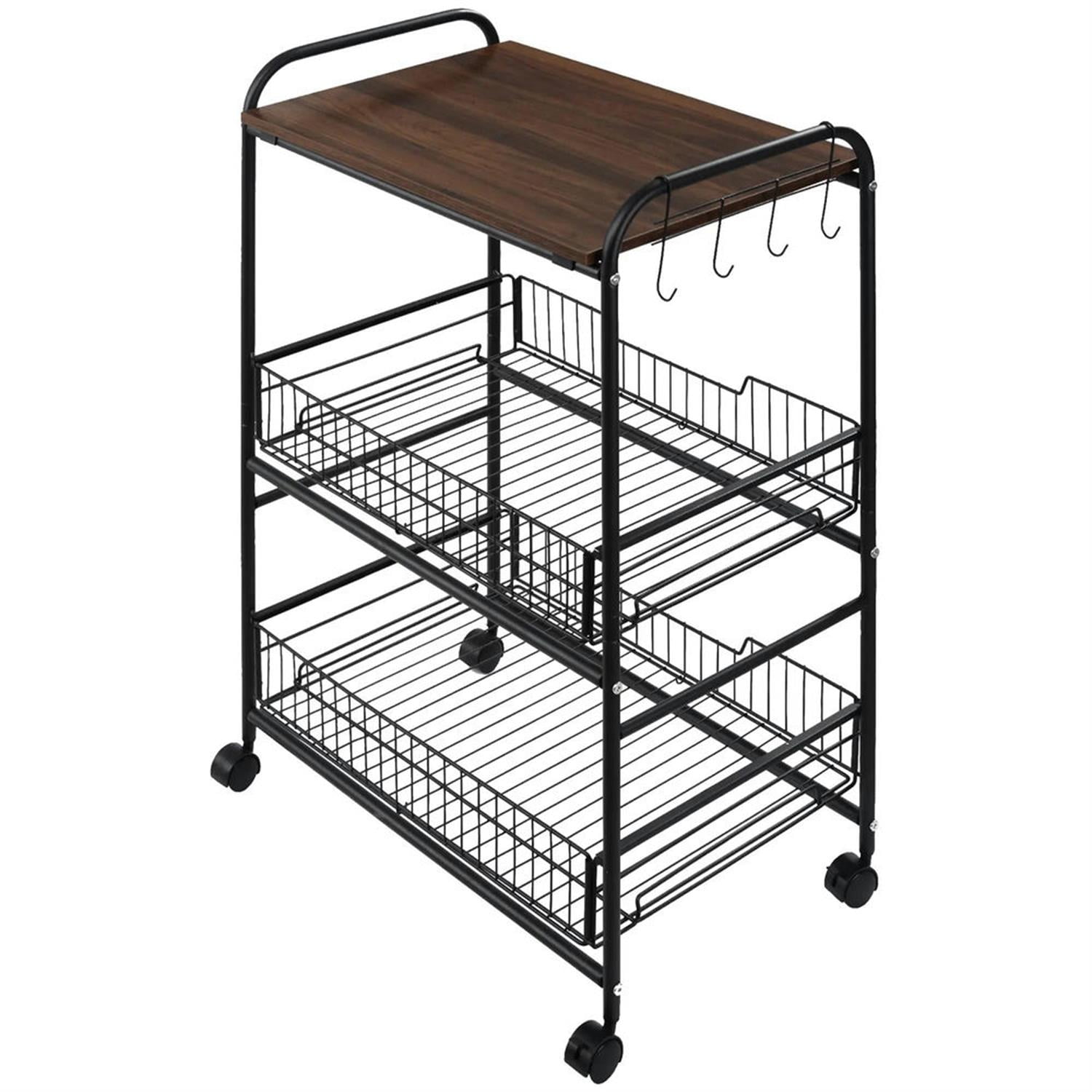 Demi Bonn 33" Kitchen Island Cart on Wheels with Storage, Rolling Dining Room Serving Utility Carts Mobile Movable with Fruit Basket and Side Hooks for Dining Room, Walnut