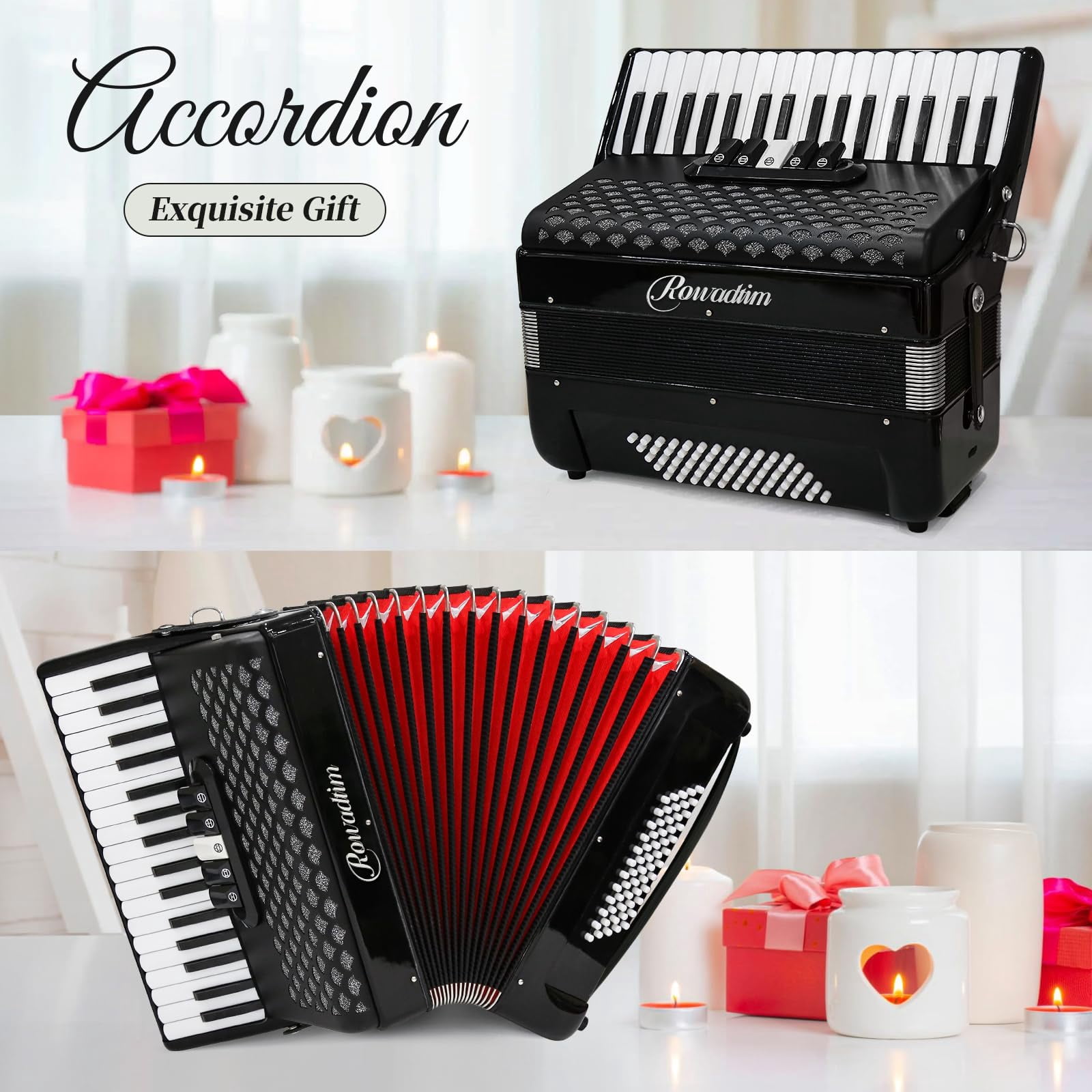 Rowadtim 34-Key Accordion, 60-Bass Accordion — Perfect for Beginners and Ideal Choice for Musicians and Teachers; with Carrying Case, Shoulder Strap, Gloves and  Cleaning Cloth (Black)