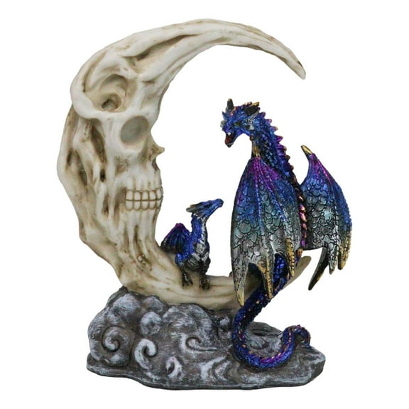 Blue Dragon With Baby Wyrmling Perching On Bone Skull Crescent Moon Figurine