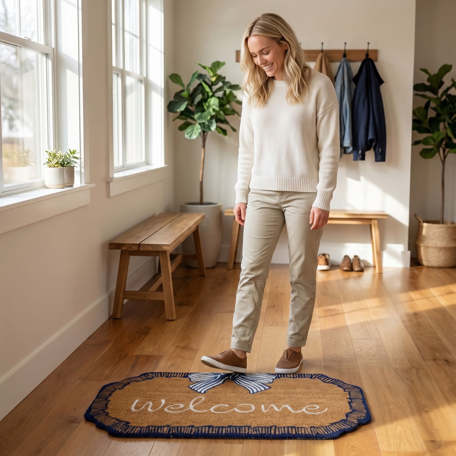 Bow Welcome Coir Outdoor Doormat, Blue and White Non-Slip Entrance Door Rug for Indoor Outdoor Home Bathroom Decor