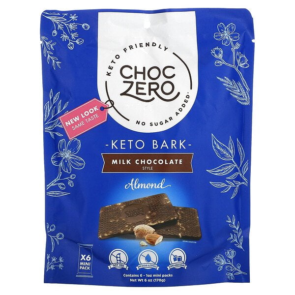 ChocZero, Keto Bark, Milk Chocolate, Almond, 6 Bars, 1 oz Each Pack of