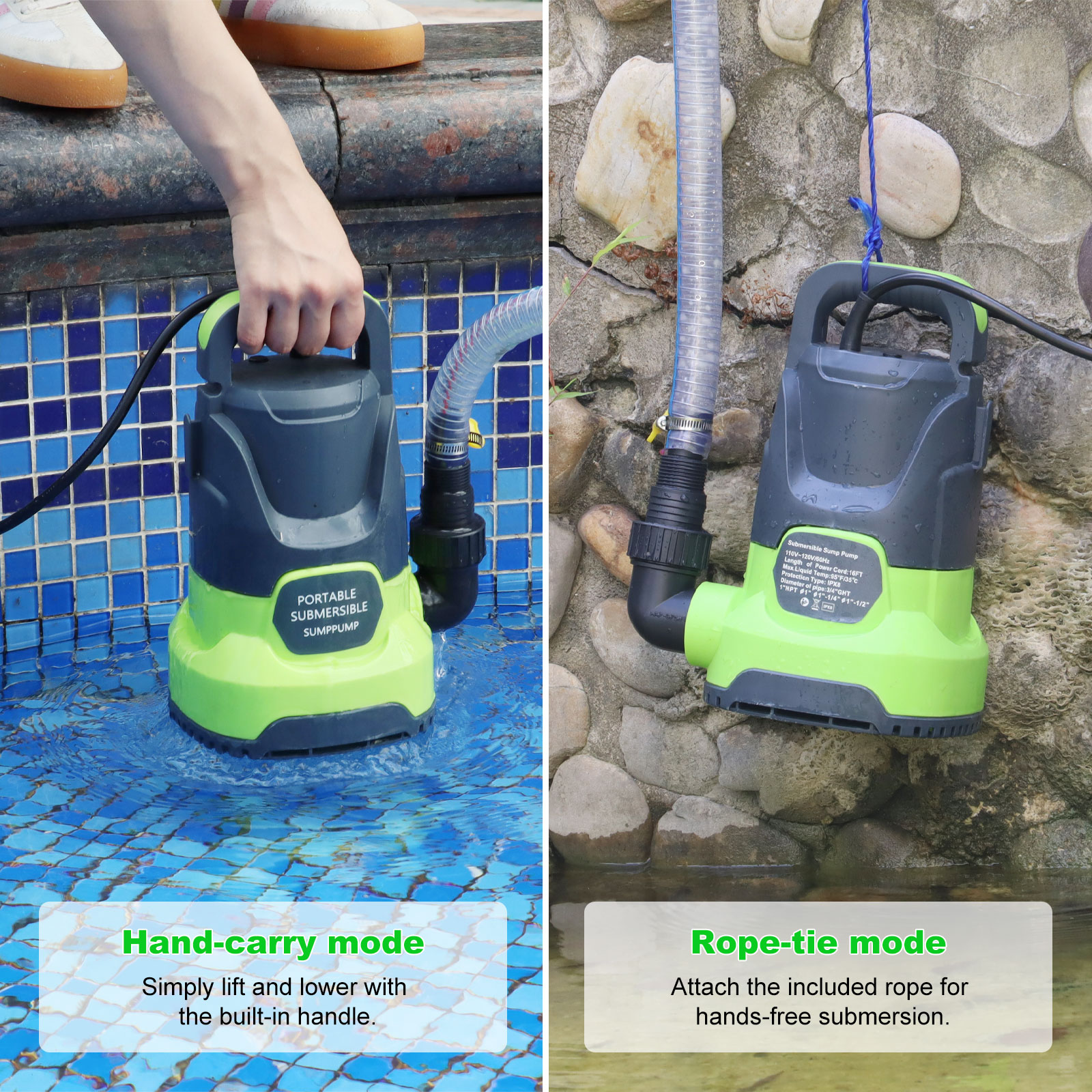Sump Pump Submersible Water Pump 1.1HP 4700GPH Portable Water Transfer Pump Electric for Pool Draining Hot Tub Basement Utility Pumps Green