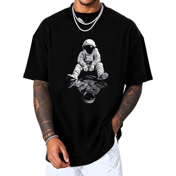 Men's Oversized Graphic T-Shirt Astronaut Print Short Sleeve Crew Neck Casual Loose Fit Tee Black