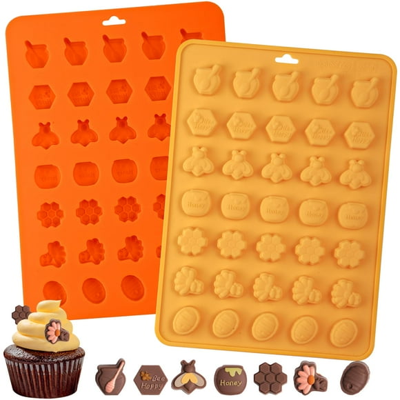 Webake Bee Chocolate Candy Mold with 7 Different Shapes, 35-Cavity Bee Silicone Mold for Cupcake Decorations, Fudges, Cakesicle, Cake Pop, Pack of 2