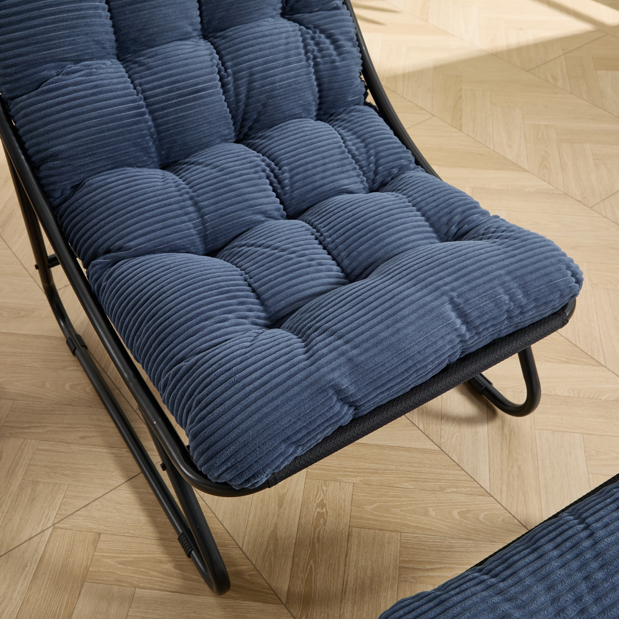 Leumius Patio Outdoor Lounge Chair with Ottoman, Comfy Sling Recliner Chair with Puffy Cushion and Foot Stool for Living Room Bedroom Reading Room Navy Blue