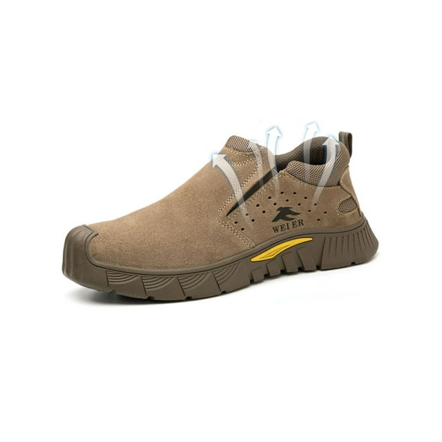 UKAP Men Work Boots Slip Resistant Protection Boot Steel Toe Safety Shoes Construction Chelsea Booties Anti Collision Khaki Brown 2# 11
