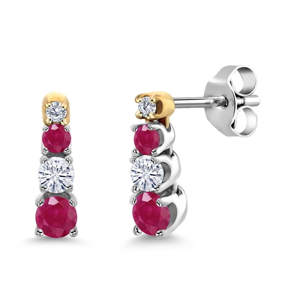 Gem Stone King 925 Sterling Silver and 10K Yellow Gold Round Red Ruby and Moissanite Dangle Earrings for Women (0.53 Cttw, Gemstone Birthstone, Round 3MM, 2.5MM and 2MM)