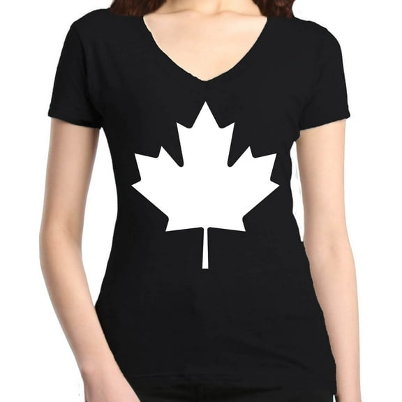 Shop4Ever Women's Canada White Leaf Proud Canadian Flag Slim Fit V-Neck T-Shirt XX-Large Black