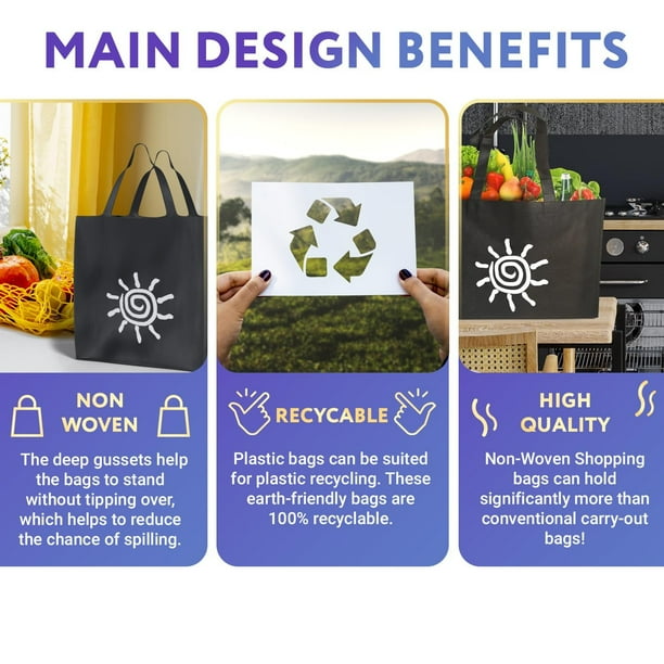 Pack of 100 Non Woven Polypropylene Bags 20 x 6 x 16. Black Shopping Polypropylene Bags 20x6x16. Reusable Bags with Sun Print. Great for Industrial Foodservice Health Needs. Recyclable. Walmart Busine...