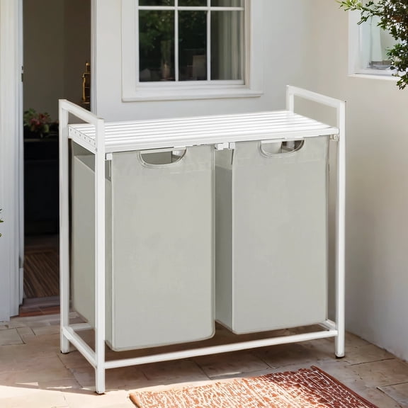 Laundry Sorter with 2 Removable Bags & Storage Shelf, Heavy-Duty Metal Frame, 24.2 Gallons (92L) Capacity, 2-Compartment Organization, White