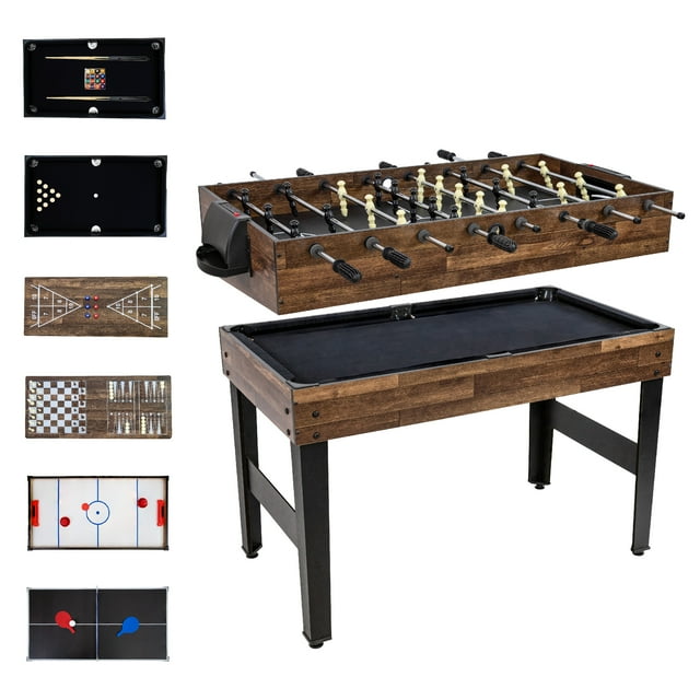 Indoor Multi-Game Table with Billiards, Push Hockey, Foosball, Ping Pong, Bowling, and More - Dark Wood Look
