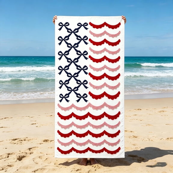 4th of July Beach Towel,Oversized Quick Dry Microfiber Swimming Towel for Pool,Lake,and Travel,Preppy Bow Lattice,Scallop Design,32"x63"