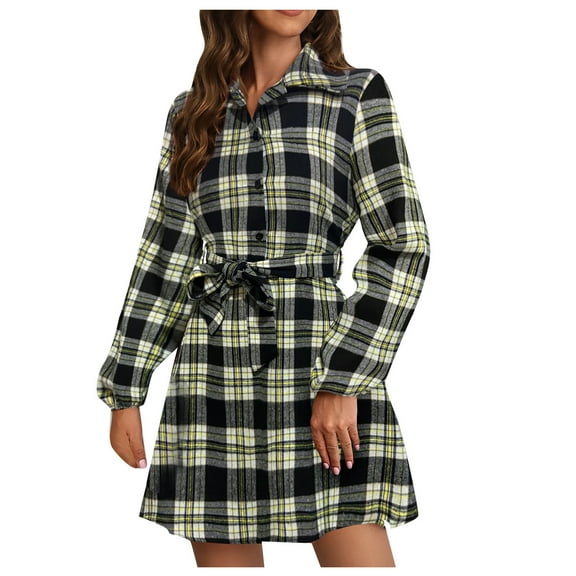 Busydd Womens Fall Dresses Turndown Collar Long Sleeve Dress Fashion Elegant Plaid Homecoming Dresses Casual V Neck Button Midi Dress with Belt