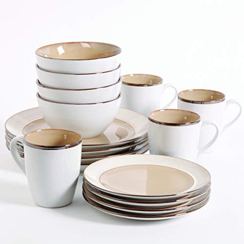 Service for Four 16pcs Blue and Cream Gibson Elite Couture Bands Round Reactive Glaze Stoneware Dinnerware Set